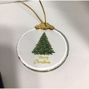 Christmas Crystal Hanging Ornament Clear With Merry Christmas Tree Gold Accents